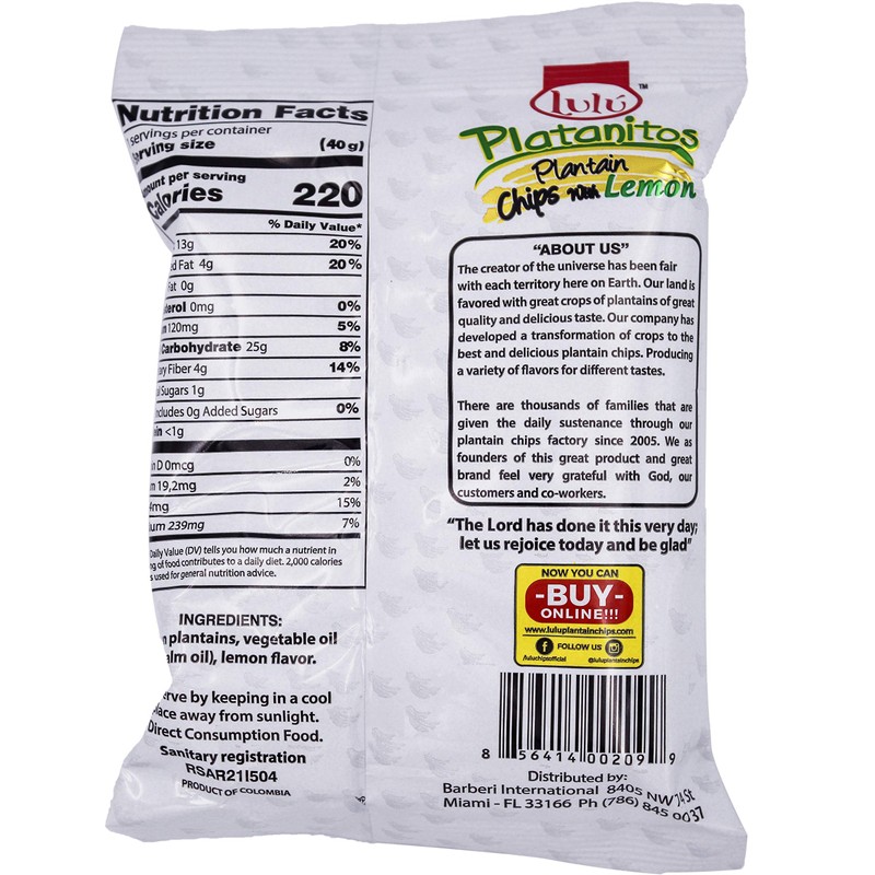 LULU Platanitos, Plantain Chips with Lemon, Gluten-Free, 1.4oz Bag (Pack