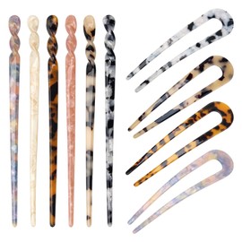 6+4 Acetate Hair Sticks Set, Coldairsoap 2 Styles Tortoise Shell Hair Pins U-Shaped Straight Chopsticks 10 Colors Vintage French Hair Forks for Women (10P)