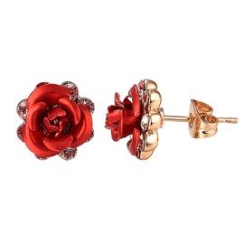 Vogem Red Rose Earrings for Women Pierced Ears Enamel Flower Stud Earring Inlaid Cubic Zirconia 18ct Rose Gold Plated Fashion Jewellery