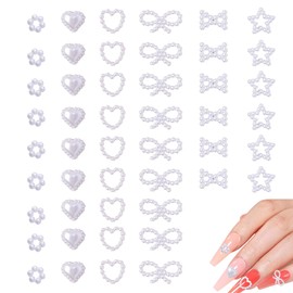 Nail Parts, Pearl, 200 Pieces, 3D 3D Stereoscopic Star Round Flower Ribbon, Heart Shape, Nail Pearl, White, Large, Nail Deco Parts, Nail Art, Jewelry Parts, Random Shape
