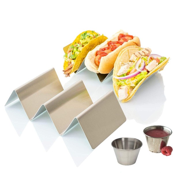 Taco Holder Stand Rack, Stainless Steel 4-Pack, Mexican Food Serving Tray. Stands Hold Up to 3 Tacos, Burritos, Hot Dog, and More!. Grill and Oven Use Safe, Dishwasher Safe for Easy Cleaning, 4" x 8" (Taco holder*2+Sauce Cup*2)