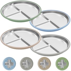 JVEOO Stainless Steel Toddler Plates with Suction, 4 Pack Kids Baby Plates Set with Sturdy Silicone Suction Base Easy to Clean 9 inch