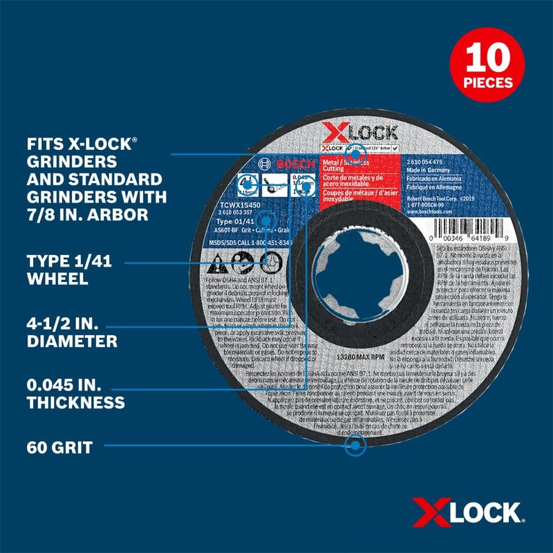 BOSCH TCWX1S450P10 4-1/2 in. X-Lock® Metal/Stainless Steel Cutting Wheels -