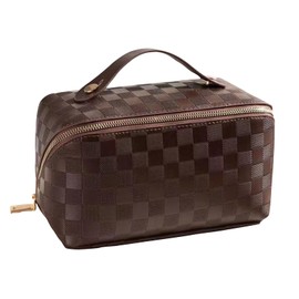 Jarsense Large Capacity Travel Cosmetic Bag, PU Leather Waterproof Layered Storage Makeup Bag with Handle, Portable Travel Organizer for Women (Brown Checkerboard)