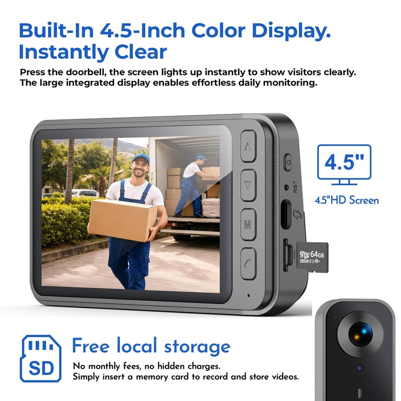 Video Doorbell Camera Wireless No Subscription No WiFi &APP ,