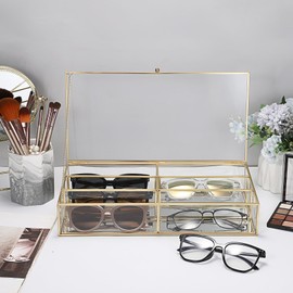 Hipiwe Sunglasses Organizer Case for Women Men, 6 Slot Clear Glass Eyeglasses Eyewear Display Case with lid, Clear Glass Mirrored Sunglasses Collection Holder Sunglass Glasses Storage Box