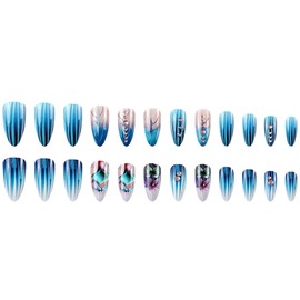 French Tip Press on Nails Medium Almond Fake Nails with Designs Flower Glue on Nails Pink Rhinestone Acrylic Nails Blue Stripes Artificial Nails Full Cover Stick on Nails for Women 24Pcs