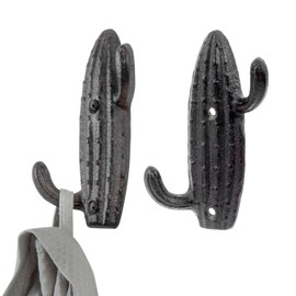 MyGift 2-Hook Vintage Dark Brown Cast Iron Coat Hooks, Southwestern Style Cactus Shape Wall Mounted Entryway Garment Hooks for Hats Keys Leashes Lanyards, Set of 2