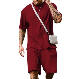 Babioboa Mens Co ords set Short Sets 2 Piece Outfits Fashion Summer Tracksuits Casual Set up T Shirt and Short(Wine,L)