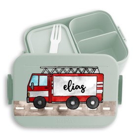 Children's Bento Box Midi Lunch Box for Mepal Bento Box - Fire Engine Fire Brigade Fireman - 900 ml - Sage Green - Nursery Lunch Box Boys Youth Fire Brigade Lunch Box Compartments