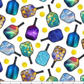 Cotton Pickleball Paddles Balls Equipment Sports White Cotton Fabric Print by The Yard (683WHITE)