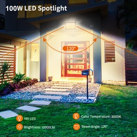 Blivrig 100 W LED Outdoor Spotlight, Warm White, 3000 K, 10000 LM, 160 LED Outdoor Spotlight, IP66 Waterproof Floodlight, Garden Outdoor Spotlight, for Yard, Garage, Warehouse
