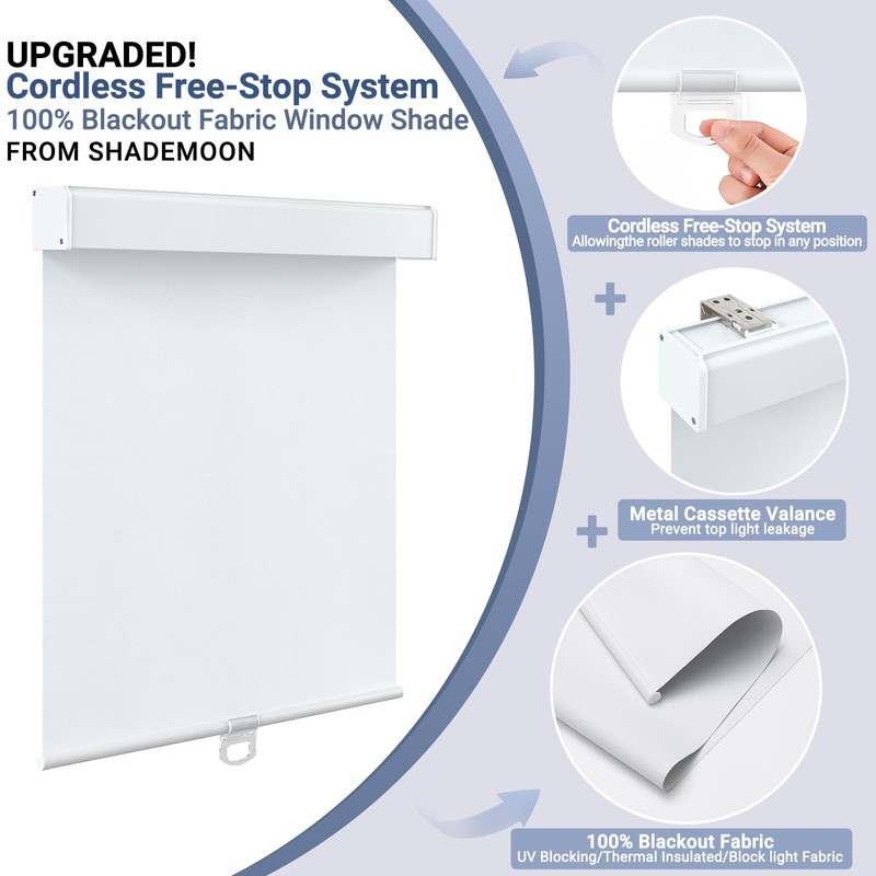 SHADEMOON Blackout Cordless Roller Shades for Windows,Free-Stop System Blind with