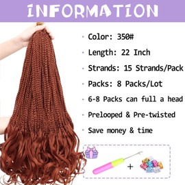 French Curl Crochet Braids 22 Inch Ginger Goddess Box Braids Crochet Hair for Women 7 Packs Pre Looped Crochet Box Braids with Curly Ends Synthetic French Curly Braiding Hair Extensions
