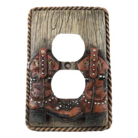Ebros Gift Set of 2 Western Cowboy Boots Faux Wood Wall Double Receptacle Outlet Plates