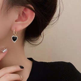 Boho Onyx Heart Drop Earrings Black Gemstone Heart Dangle Earrings Gold Rhinestone Heart Hoop Earrings Bling Cz Heart Stud Earrings For Women
