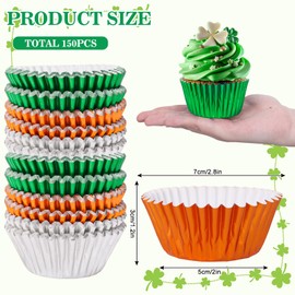Whaline 150Pcs St. Patrick's Day Foil Cupcake Liners Silver Green Orange Foil Metallic Baking Cup Standard Muffin Cupcake Wrappers for Party Supplies