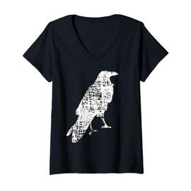 Womens STANDING RAVEN–White Bird Graphic V-Neck T-Shirt