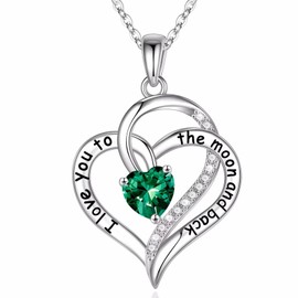 Iefil Birthstone Necklaces for Women - I Love You to The Moon and Back Necklace, Emerald Heart Necklace, May Birthstone Necklace, Jewelry Gifts for Her Wife Mom Sister Grandma