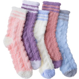 ANTSANG Womens Fuzzy Socks Fluffy Slipper Cozy Cabin Winter Soft Fleece Warm Comfy Thick Christmas Gift Socks(Colored Horizontal Bars)