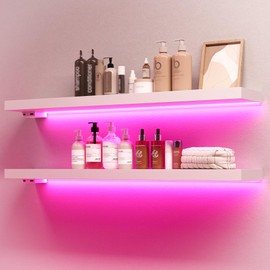 BAMEOS Floating Shelves with RGB LED, 31" Wooden Wall Shelves with Invisible Brackets, Set of 2, Wall Mounted Display Shelves Decoration for Bedroom, Bathroom, Living Room, Kitchen (White)