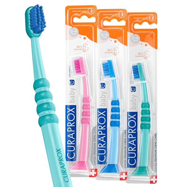 Curaprox Kids CK 4260 Cepillo de dientes para bebé (paquete de 3); cerdas extra suaves para niños