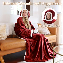 Tirrinia Hooded Wearable Blanket with Sleeves, Full Body Throw Reading Wrap TV Blankets, Cozy Flannel Blanket Robe, Snuggle Gift for Adult Women Men Mom Grandma