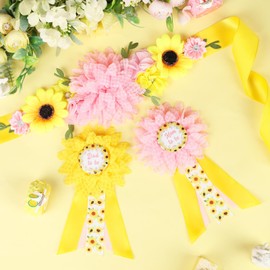 JOYMEMO Pink Yellow Sunflower Baby Shower Maternity Sash Kit - Sunflower Theme Baby Shower Belly Belt and Mom & Dad to Be Corsage Pins, New Parents Pregnancy Photo Props Party Supplies