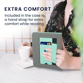 kwmobile Case Compatible with Kobo Libra 2 Case - Flip Case with Hand Strap - Faux Leather Cover - Mint Green Dark Grey