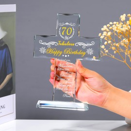 70th Birthday Cross Gifts for Women Men, Standing Glass Keepsake for 70 Year Old Birthday Religious Presents for Mom, 70th Fablous Birthday Gifts Ideas