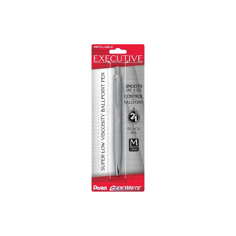 Pentel Glidewrite Executive Ballpoint Pen, (1.0mm) Medium, Silver Metal Barrel,