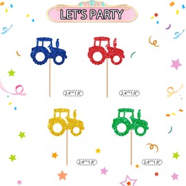 24pcs Tractor Cupcake Toppers, Farm Party Cupcake Toppers, Green Glitter Farm Tractor Cupcake Picks for Baby Shower, Truck Car Themed Birthday Party Supplies