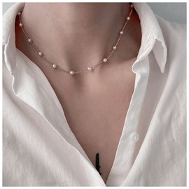 Yheakne Boho Pearl Choker Necklace Floating Pearl Station Necklace Silver Pearl Beaded Necklace Pearl Bridal Necklace Chain Jewelry for Women and Girls (Silver)