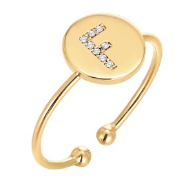 PAVOI Womens 14K Yellow Gold Plated Disc Initial Adjustable Ring | CZ Initial Ring | Initial Rings For Women | "F" Initial Ring F