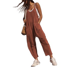 Peaceglad Jumpsuits for Women Casual Summer Rompers Sleeveless Loose Spaghetti Strap Baggy Overalls Jumpers with Pockets(Rust,M)