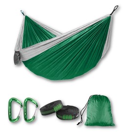 RLX Hammock (Dark Green, Single) Camping Hammock, Lightweight Parachute Nylon, 550 lbs Capacity, With 2 Carabiners, two10 foot (10 + 1) Heavy Duty loop straps and built-in storage bag. Colors may vary