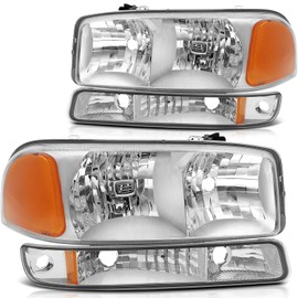 LSAILON Headlight Assembly Fit For GMC Sierra 1500 1999-2006 For GMC Sierra 1500 Classic 2007 For GMC Sierra 1500 HD 2001-2003 Chrome Housing Amber Reflector Clear lens Driver and Passenger Side