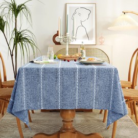 Chassic 60 x 104 inches Farmhouse Style Linen tablecloths, Wrinkle Resistant Washable Dining Room Table Cloths for 6 Foot Rectangle Tables - Hemstitch Blue