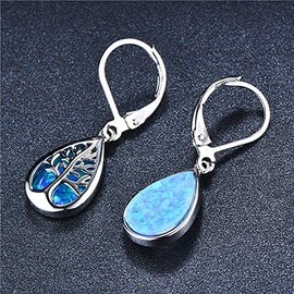 925 Sterling Silver Jewelry Exquisite Water Drop Blue White Fire Opal Life Tree Dangle Earrings For Women