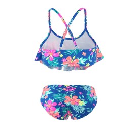 Moon Tree Girls Two Piece Bikini Swimsuits Hawaiian Ruffle Bathing Suit Kids Beach Swimwear Set Blue Floral Size 14/12-14