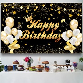Black and Gold Birthday Backdrop Large Happy Birthday Banner Decorations Birthday Party Decorations Supplies Background for Men Women