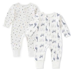 Organic Cotton Baby Footies, 0-24 Months Soft One Piece Footies, Zipper Cotton Bodysuit Long-Sleeve Rompers 2-Pack