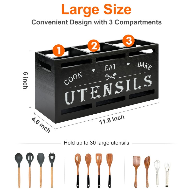 Extra Large Black Wood Utensil Holder Organizer Farmhouse Kitchen Decor