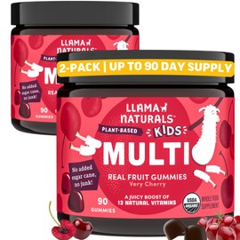 Real Fruit Gummy Vitamins for Kids, No Added Sugar Cane, Beta Carotenes, Whole Food Multivitamin, Vegan Toddler Gummies, Plant Based, Organic, Chewable 90 ct (30-45 Days) Cherry (2 Pack)