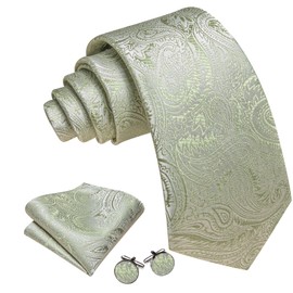 Barry.Wang Men's Silk Paisley Ties with Handkerchief Cufflink Tie Set Festive Wedding 3 Pieces, light green