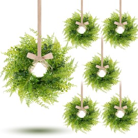 6 Pcs Green Fern Hanging Wreaths Artificial All Seasons Fern Wreath Mini Greenery Hanging Wreath for Pillar Front Door Porch Wall Window Farmhouse All Seasons Decoration