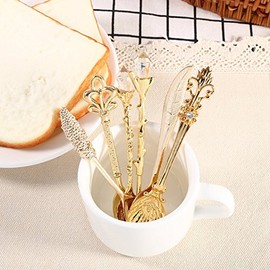 6 Unidad Juego de Cuchara Tenedor Vintage Cuchara de Metal para Helado Café y Fruta Mini Vajilla Portátil Barra de Cocina de Vajilla(Dorado)