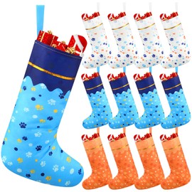 LaRandom 12 Pcs Dog Paw Christmas Stockings and Ornaments 15" Cartoon Dog Christmas Fireplace Hanging Stockings Puppy Paw Print Decoration Blue Orange White for Xmas Holiday Tree Party Supplies