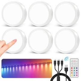 USB Rechargeable Puck Lights with Remote Control, RGB Colored 1600mAh Battery Operated Push Lights LED Stick On Cabinet Light Magnetic Tap Light Classroom Wireless Under Shelf Light Press Button Light