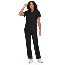 COZYFIT Scrubs for Women - Mock Wrap Top & Straight Leg Pants with 6 Pockets, Back Princess Seams, Soft Fabric Medical Scrubs Set Workwear for Women, Black, M